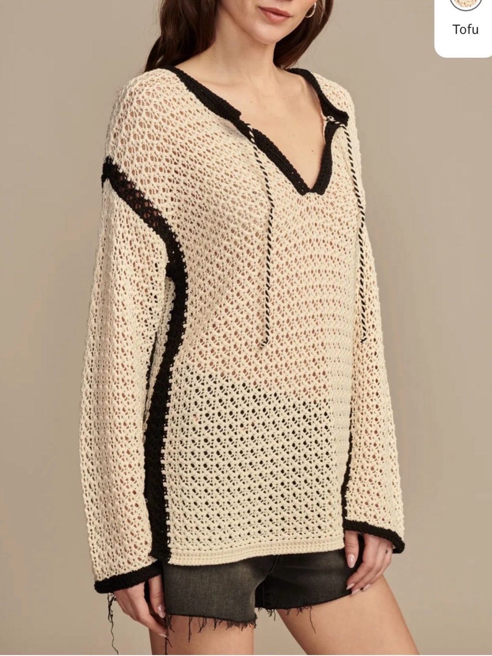 Lucky Brand Cream Crochet V-Neck Sweater with Black Trim